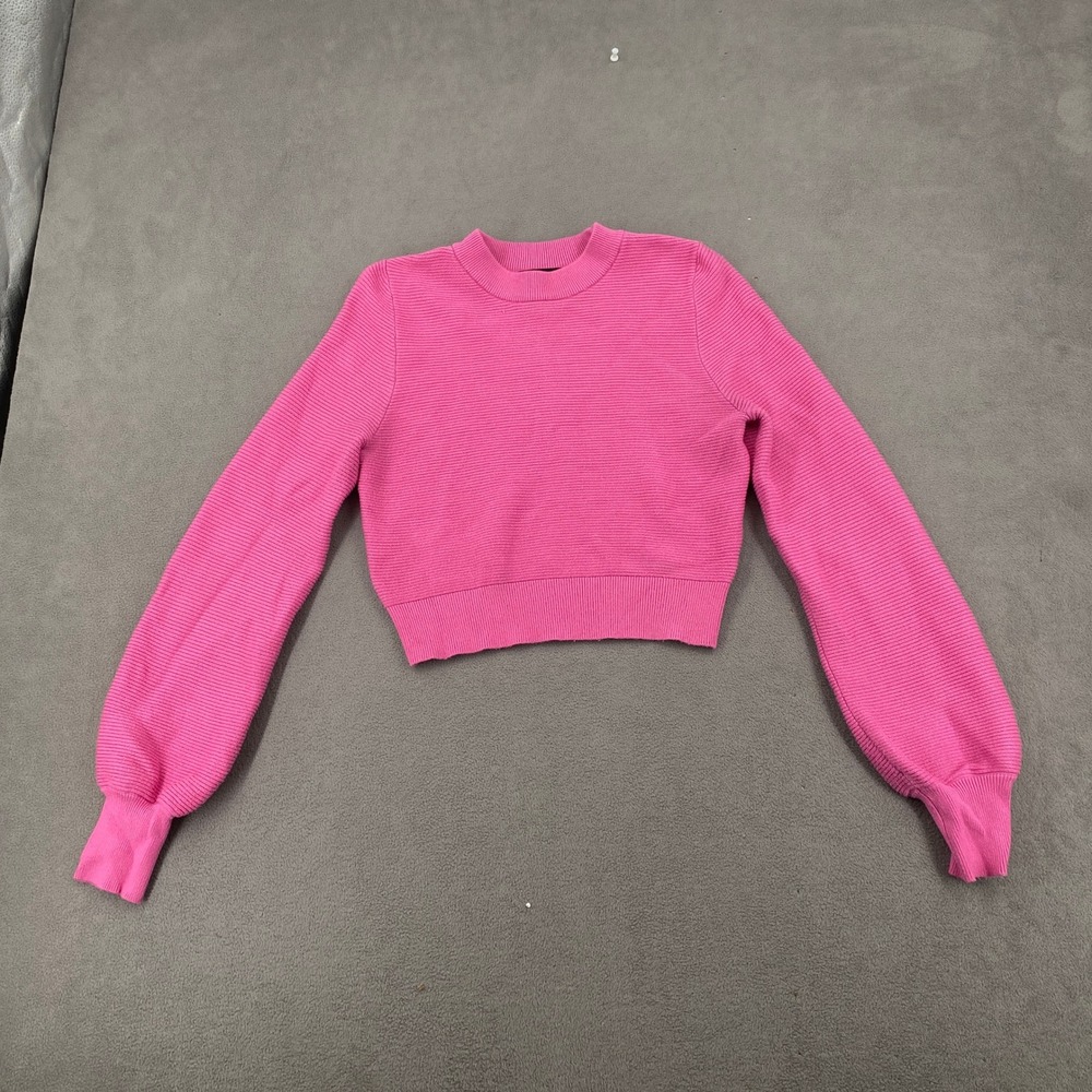 Zesica Womens Hot Pink Ribbed Cropped Lantern Sleeve Crew Neck Sweater Size M